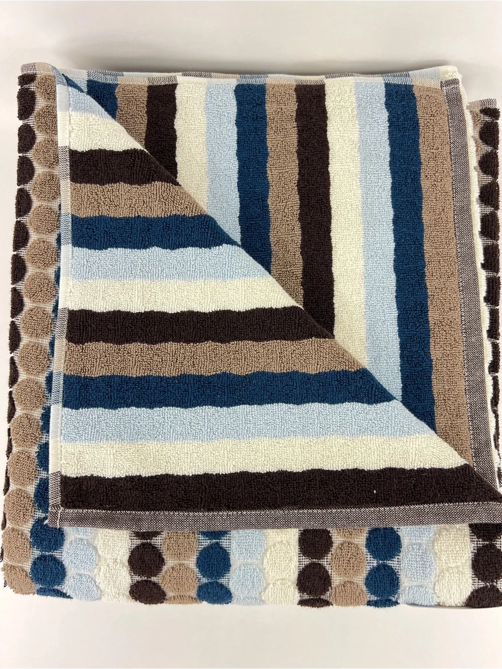 Soho Living Bath Towel Dots and Stripes Brown Blue White Soft Cotton 2 Pc NEW